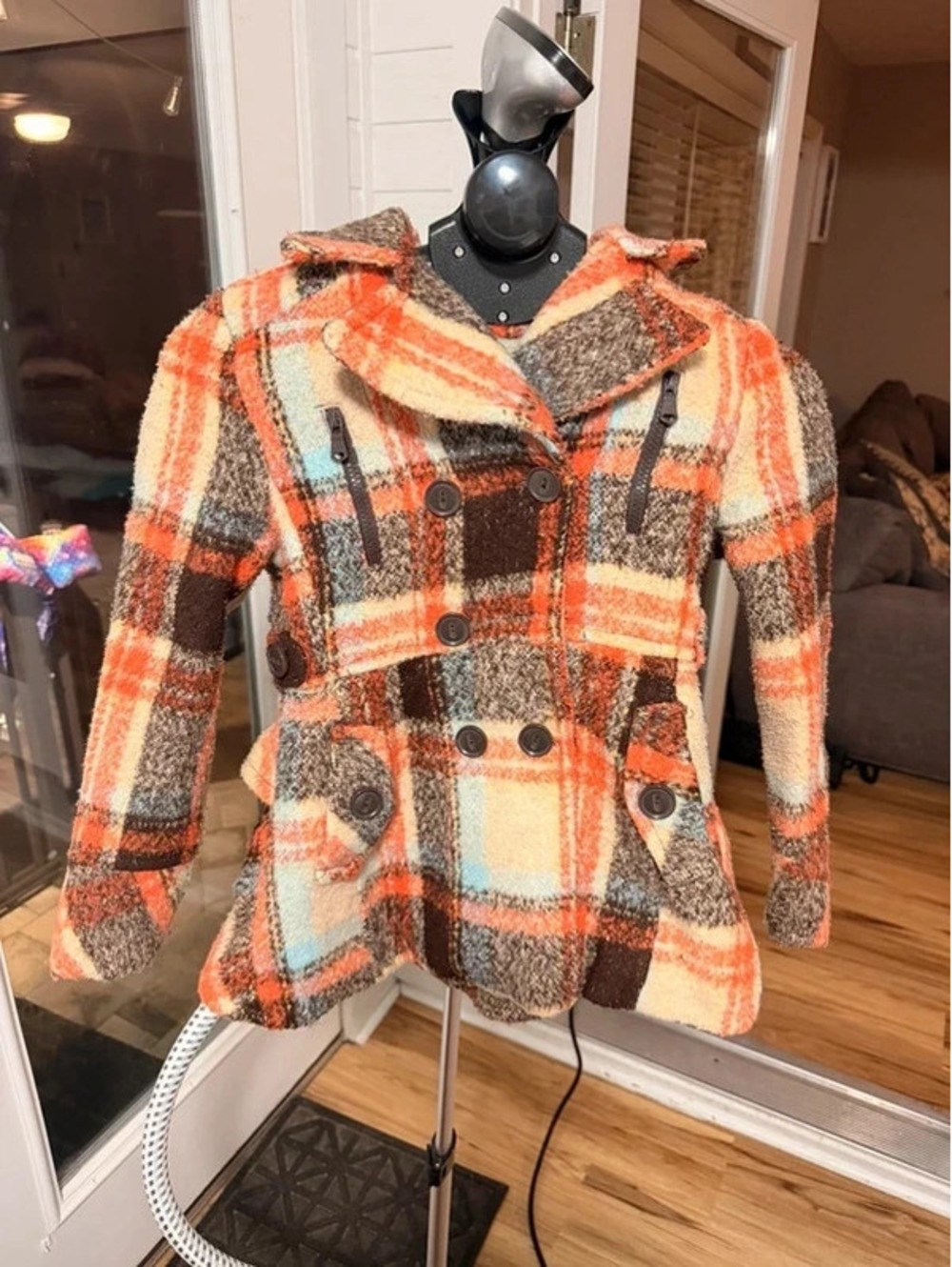 Urban Republic Girls M Plaid Wool Blend Peacoat Jacket Orange Brown Blue Belted
